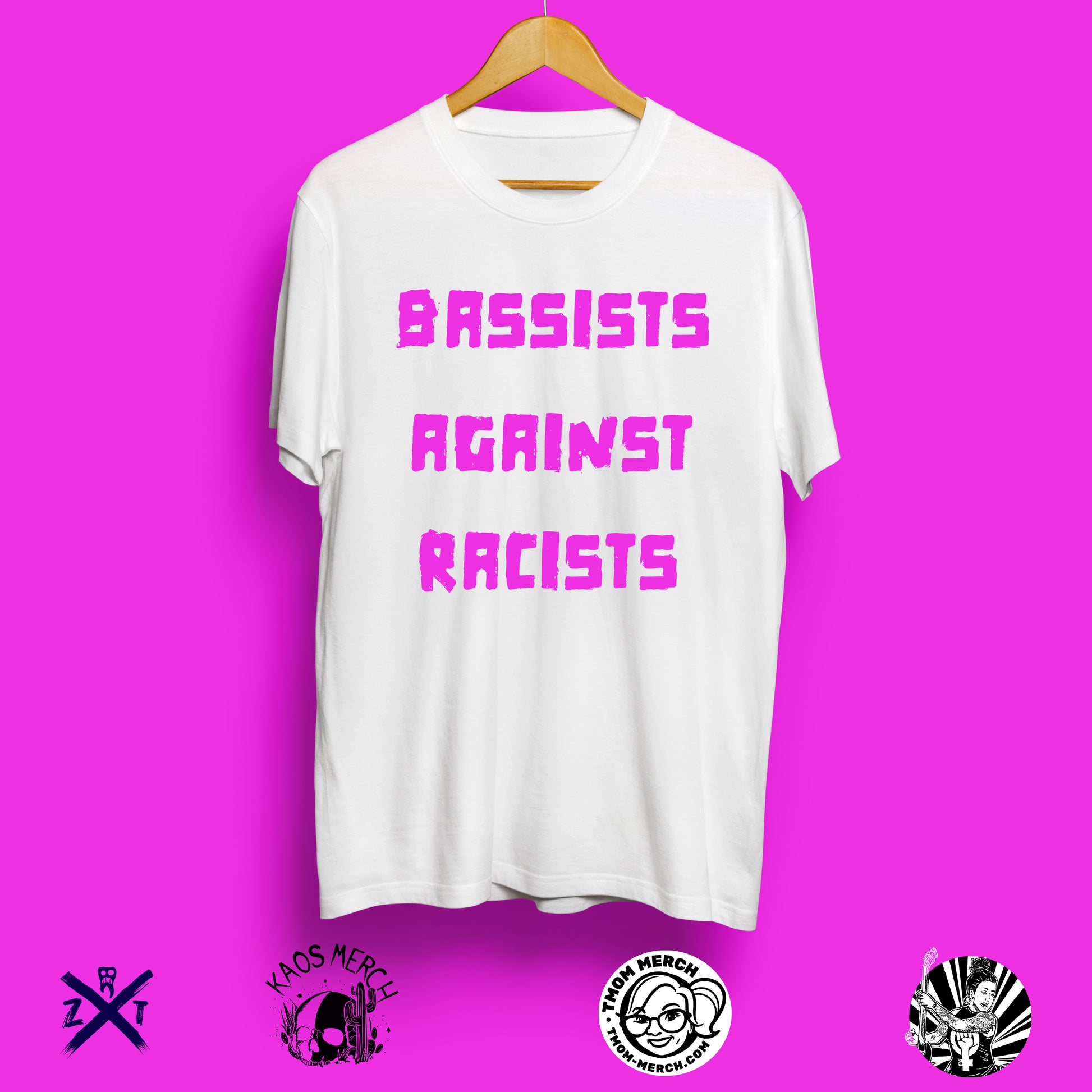 Bassists Against Racists – WHITE & PINK OCTOBER SPECIAL T-Shirt - PRE-ORDER image 0